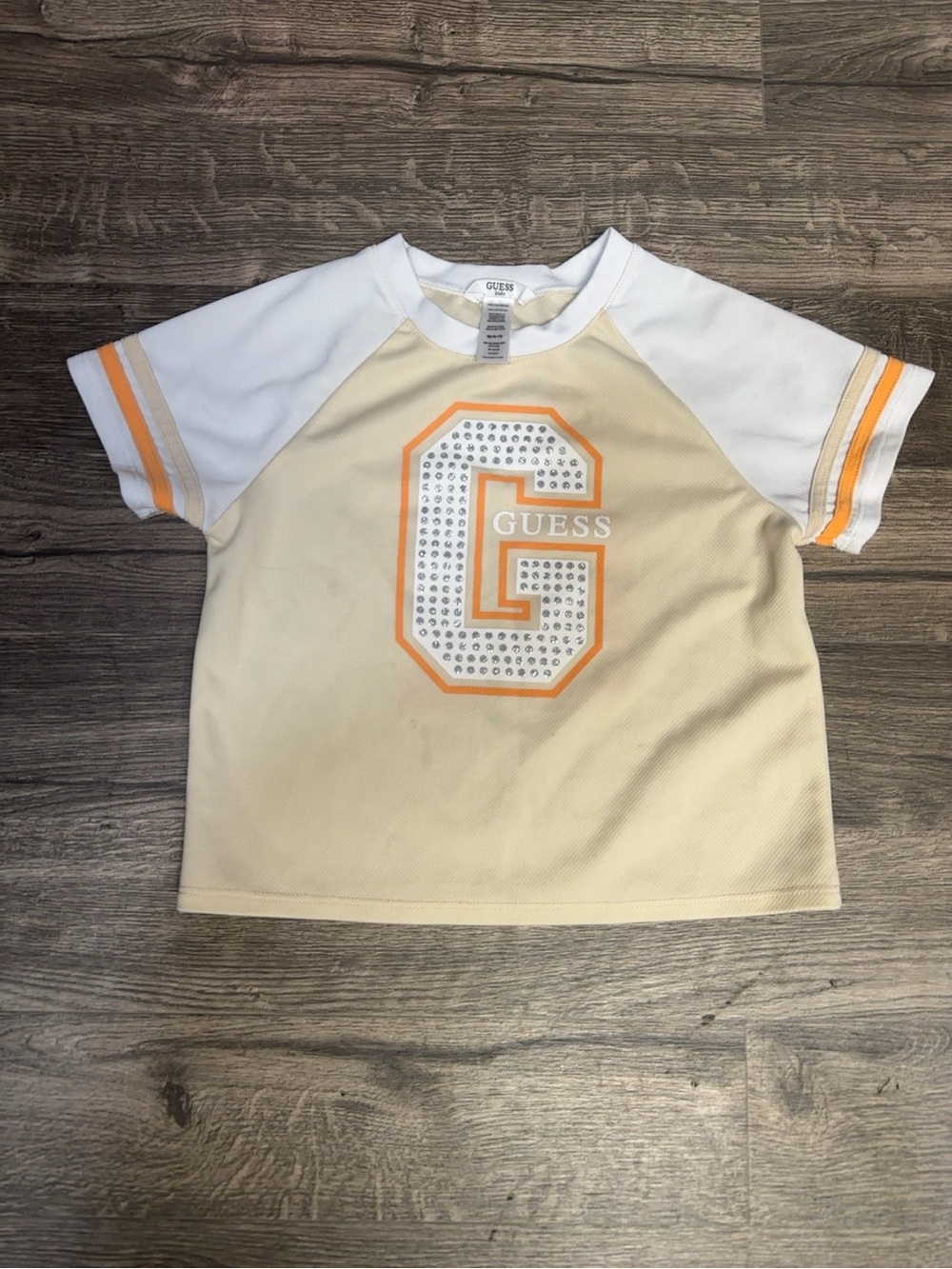 GUESS Kids Girls Varsity Rhinestone Logo Tee | Size M (10-12) | Cream & White - Picture 2 of 4